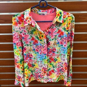 Alice + Olivia Pink and Yellow Notched Collar Button Down Shirt